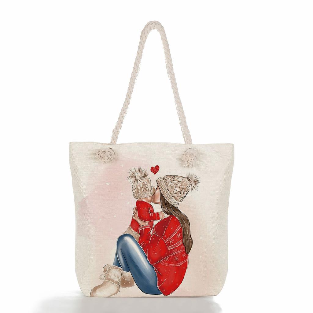 Multifunctional Mom Series Printed Thick Rope Shoulder Beach Bag Casual Large Capacity Handbag 7617