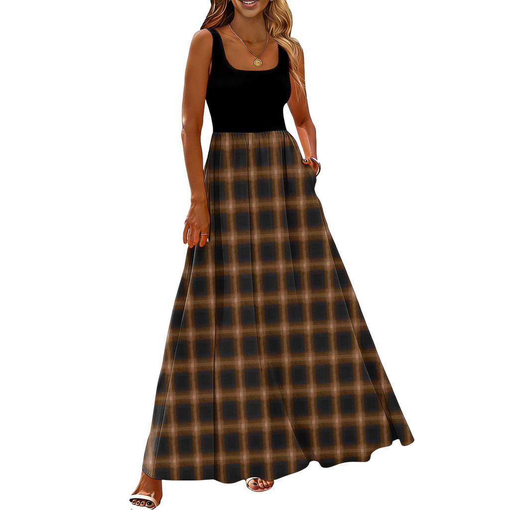 Ladies' Plaid Printed Summer Casual and Fashionable Sleeveless Long Dress