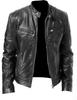 Herren Südliche Winter Multi-Pocket PU-Leder Motorradjacke mit Stehkragen und Knopf-Reißverschluss