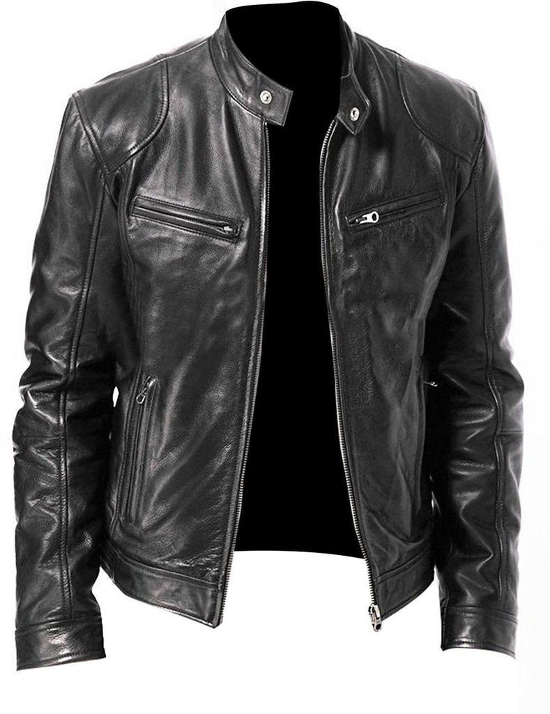 Herren Südliche Winter Multi-Pocket PU-Leder Motorradjacke mit Stehkragen und Knopf-Reißverschluss