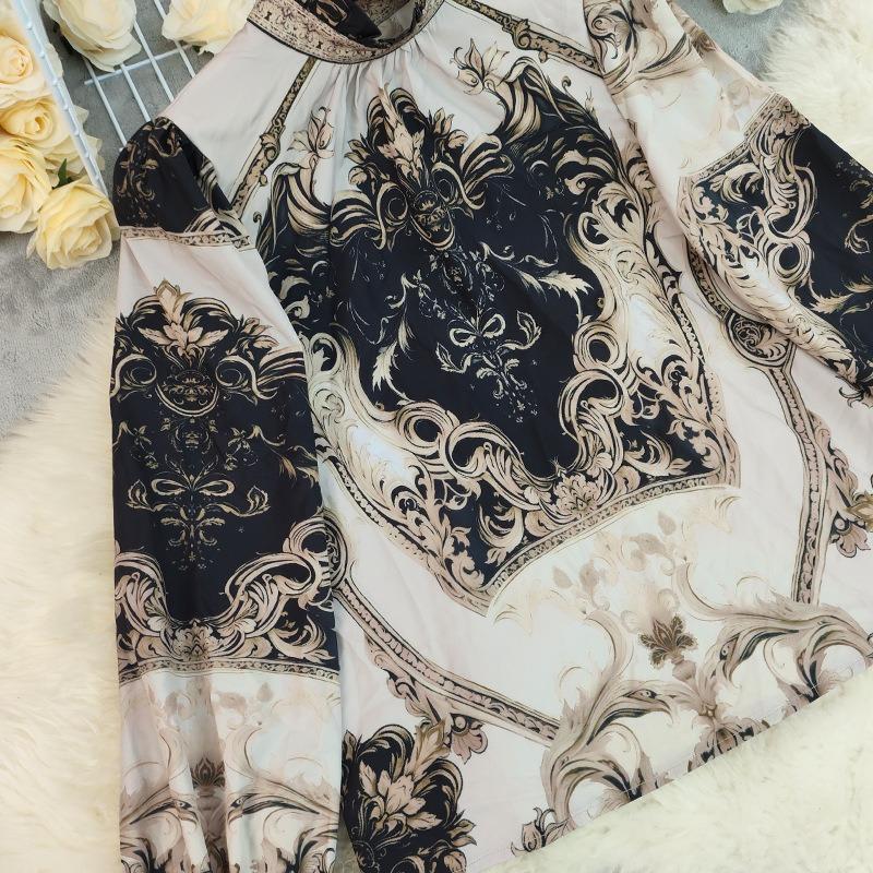 Women French Retro Palace Style Geometric Print Long Sleeve V Neck Loose Blouse