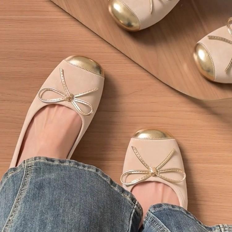 Sheepskin Version~ Genuine Leather French Flat Bottom Inner Height Increase Ballet Single Shoes Women's Bow Gentle Evening Shoes Mary Jane Shoes
