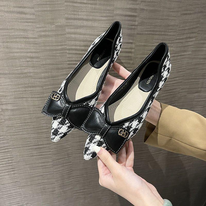 Single shoes women's pointed head flat bottom new thousand bird grid bow temperament lady shoes versatile soft sole ladyshoes