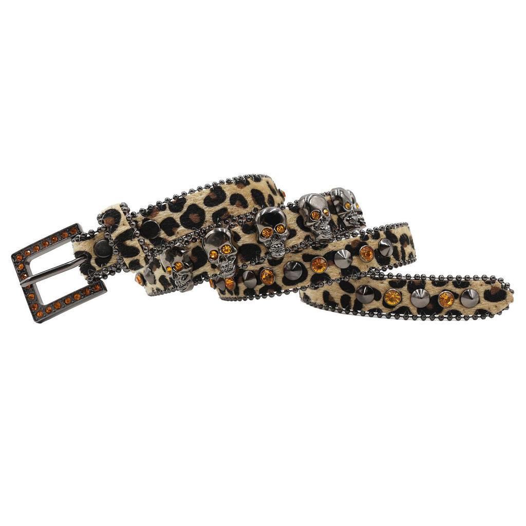 Leopard Print Women's Belt with Skull Design and Rhinestone Pin Buckle - Hip Hop Nightclub Style