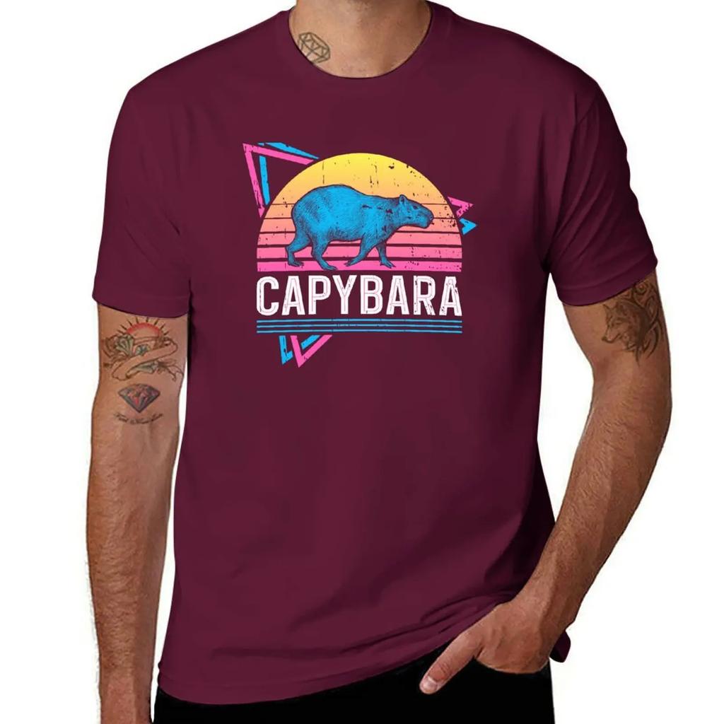 Capybara Retro Neon 80's Style Cool Funny Vaporwave T-Shirt Anime Tshirt Heavyweights Basketball Graphic Tees Men Workout Shirt