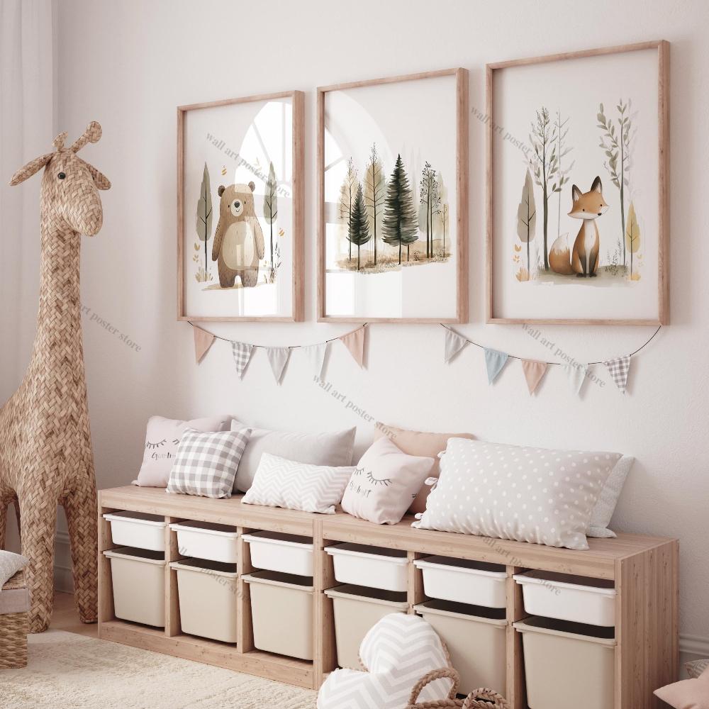 Woodland Nursery Wall Art Poster Bear Fox Forest Prints Neutral Baby Room Decor Watercolor Woodland Animal Print Canvas Painting