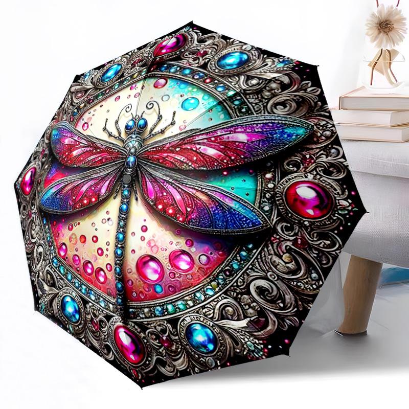 1pc Vibrant Dragonfly Floral Automatic Umbrella with Folding Feature Compact 8 Rib Lightweight Compact Design for Outdoor Daily Use Outdoor Y9
