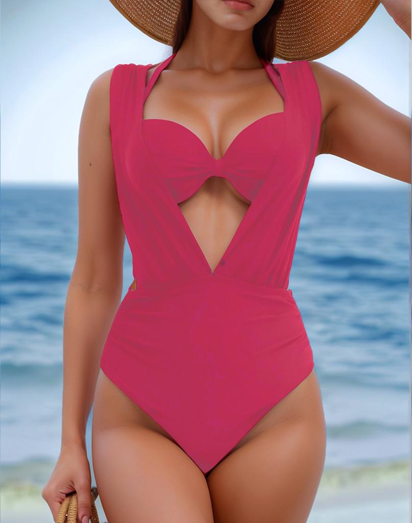 Women's Swimsuit Solid Color Deep V Hard Cup Backless Halter Neck Bikini Split Set Beachwear Bathing Suits