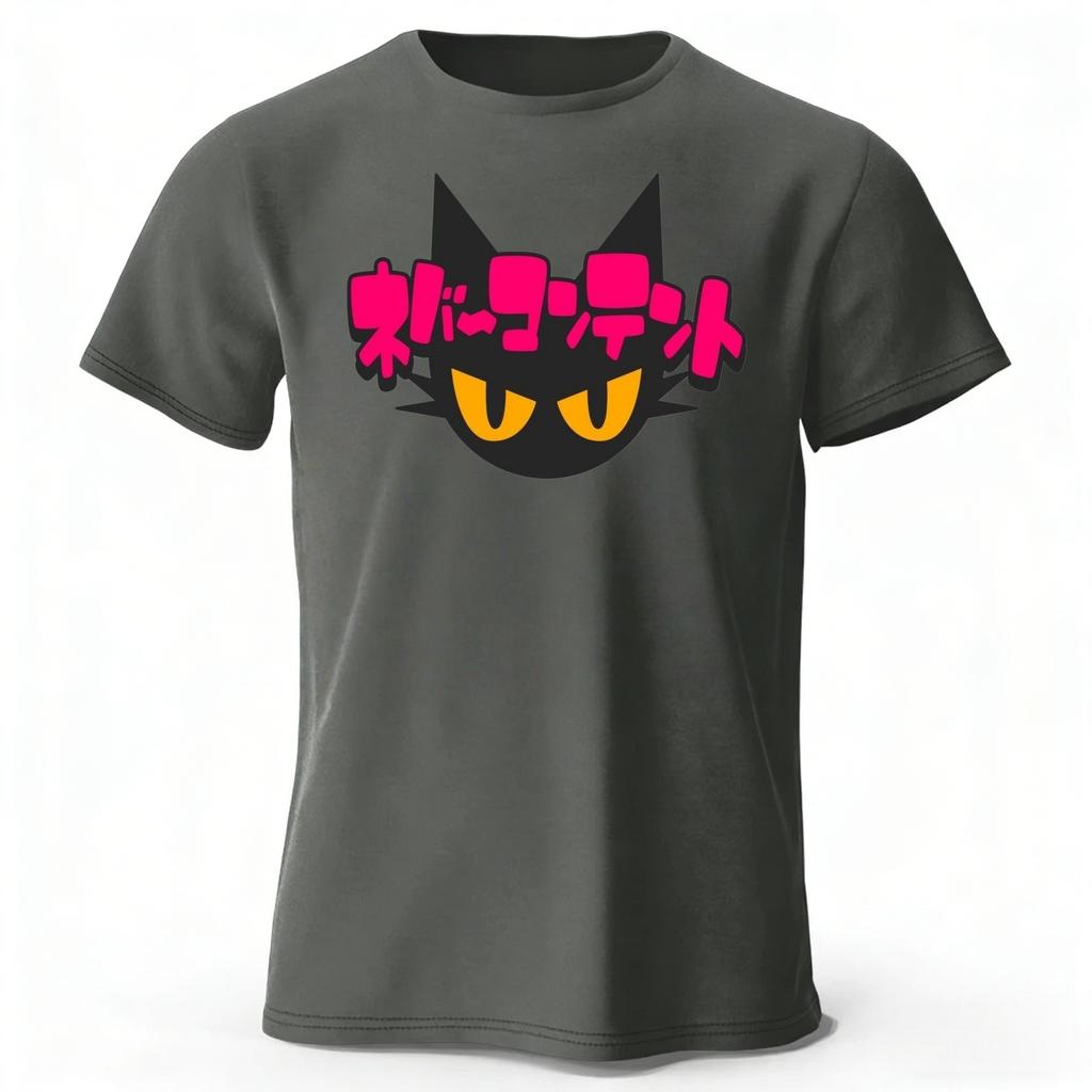 Japanese New Cyberpunk Neon Black Cat Pure Cotton Tshirt Mens Loose Oversized Short Sleeved Tshirt Casual Round Neck Top