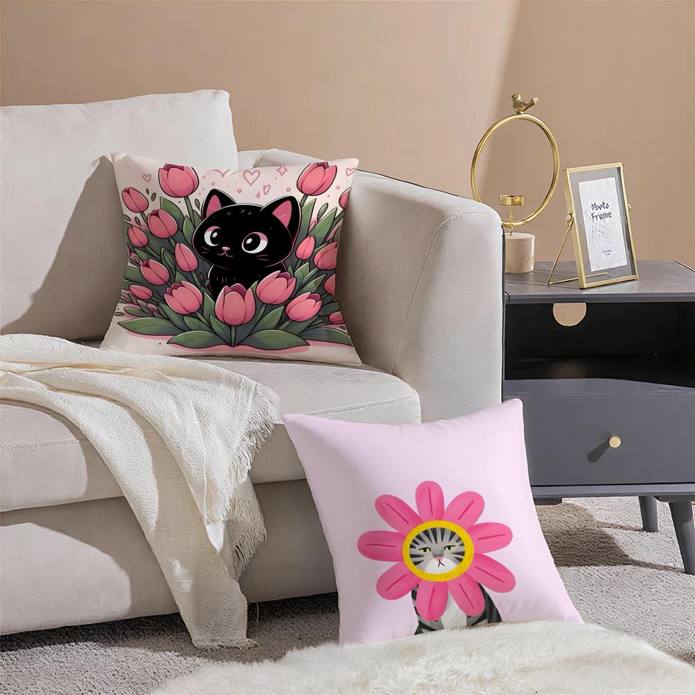 K-Kitty Cat Flowers West High Cushion Cover Throw Pillow Cover Hidden Button Durable Polyester Chair Cushion