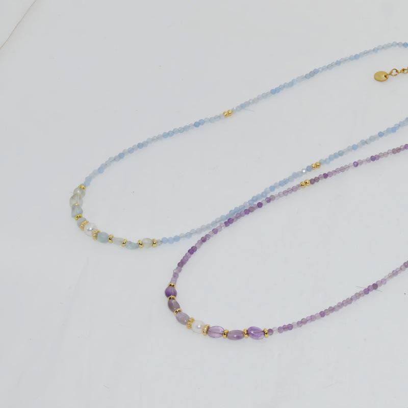 Frühlings-/Sommer-Süßwasserperlen- & Aquamarin-Kristall-Amethyst-Halskette - Perfekt für Studenten & beste Freunde