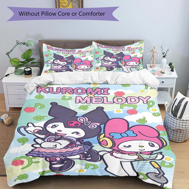 3pcs Musical Adventure Kuromi & Melody Quilt Set - Soft and Comfortable Bedroom, Guest Room and Dorm Decor Bedding Set 1 Quilt Cover + 2 Pil