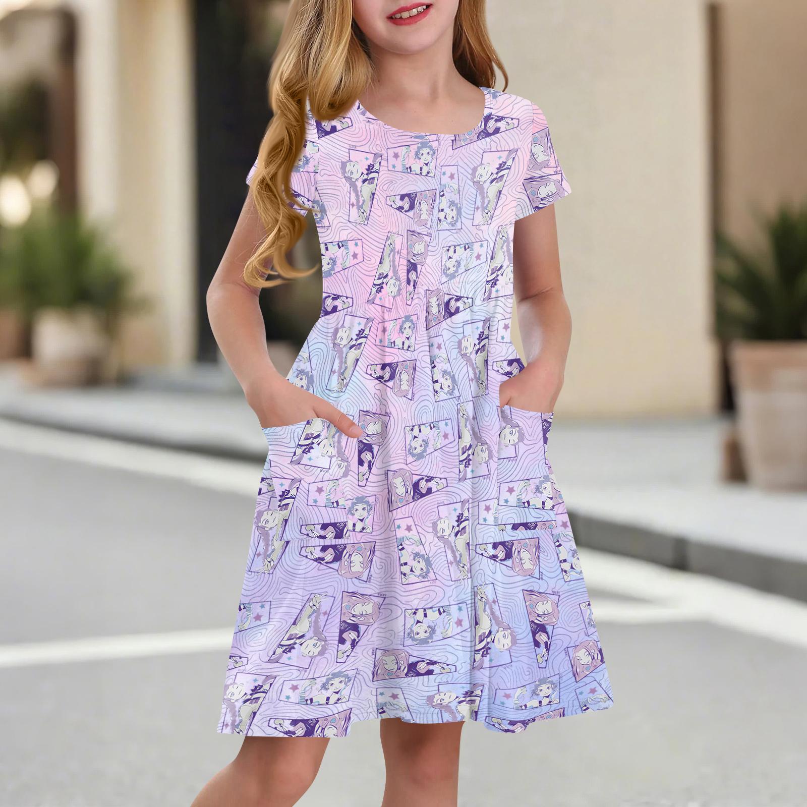 

Children s Skirt Round Neck Short Sleeve Princess Dress Fashion Casual Pocket Dress For Girls 100