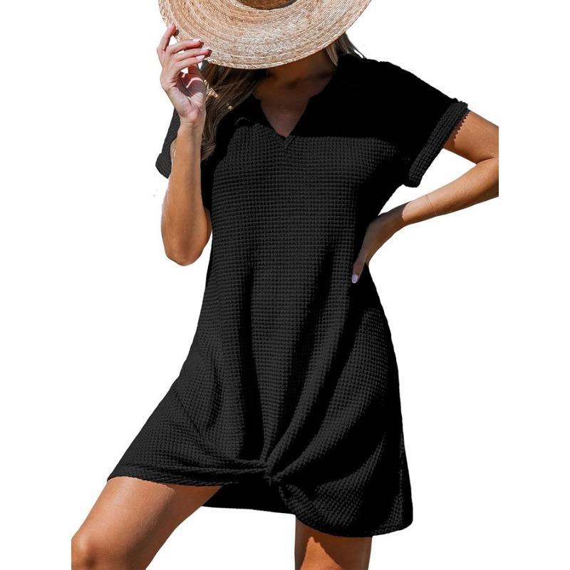 JPNTKY Women's Fashion Summer Spring Solid Color Print V-Neck Short Sleeve Casual Dresses