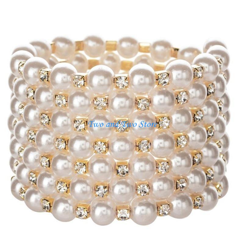HX6F Gold/Silver Pearl Bracelet with Crystals and Sparkling Diamonds Pearl Elastic Bracelet-7 Rows Art Deco Bridal Jewelry золотистый