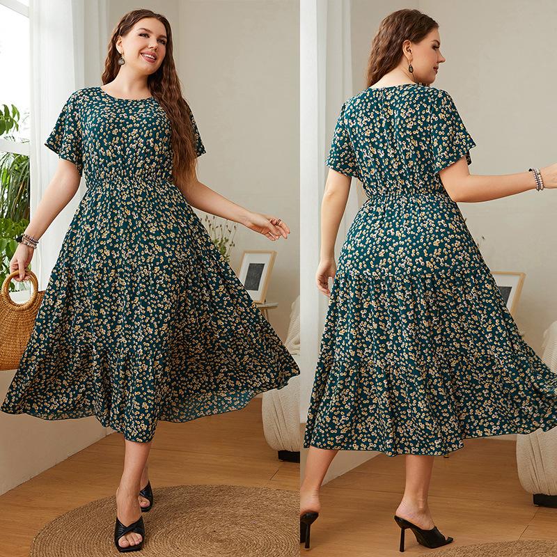 Robe grande taille pour femmes, col rond, imprimé, ample, grande balançoire, robes pour femmes