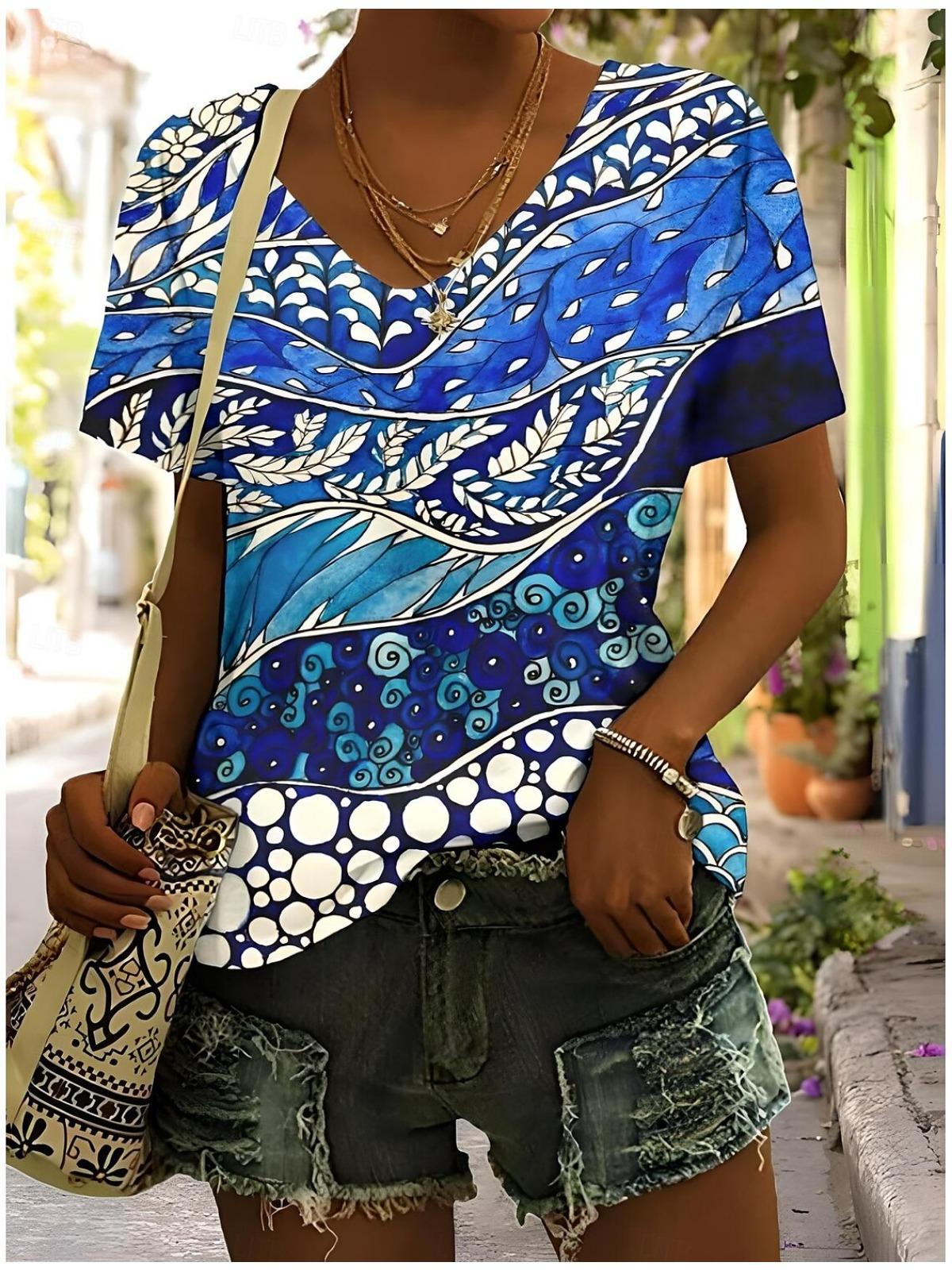 

Летняя футболка женская с принтом, цветочный графический, растения, винтажная, тропическая, гавайская, с коротким рукавом, V-образным вырезом, повседневная, с принтом, весенние футболки 5XL