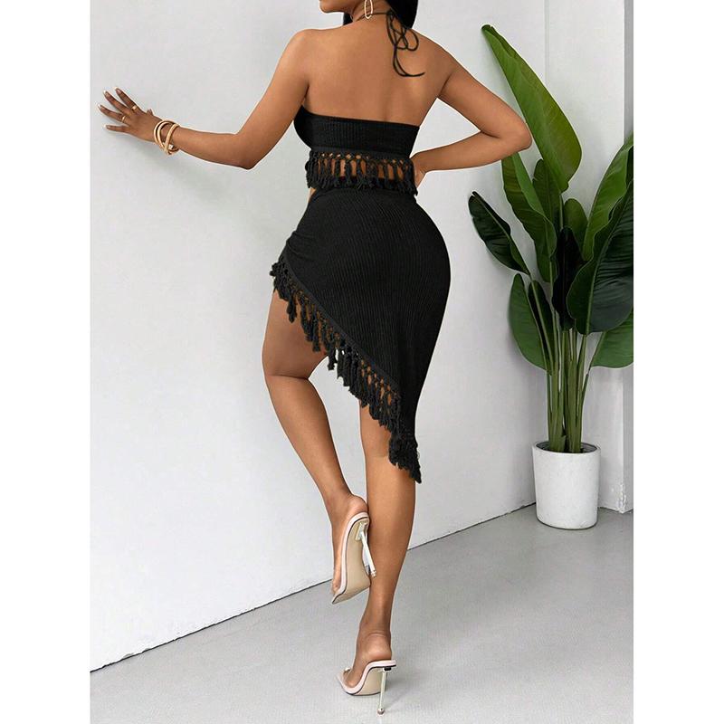 Sexy Tassels Bikini Women's Swimsuit 2 Piece Swimwear Female Outfits Halter Top High Slit Skirt Set Beachwear Bathing Suits