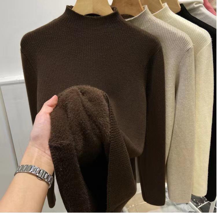 Women's Thick Velvet Half-High Collar Pullover: Slim Fit, Warm Autumn/Winter Knit Top