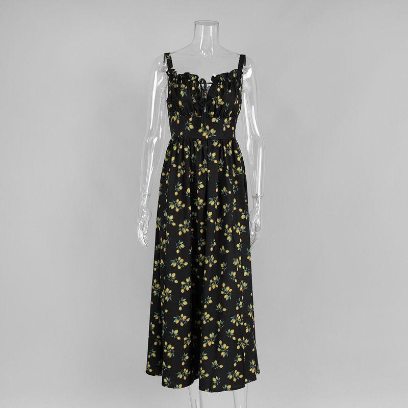 

Floral Camisole Skirt Summer New Women Low Collar Lace-up Split Dress Floral Slip Dress Black L