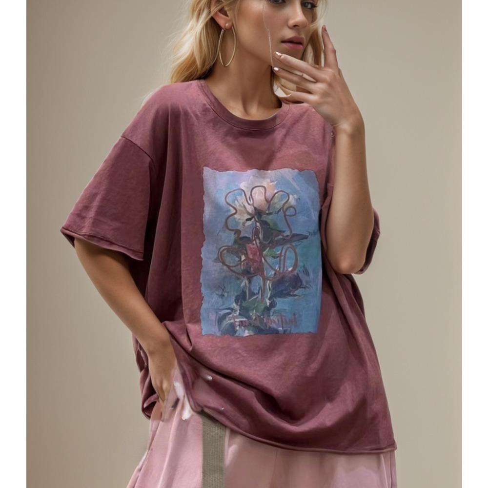 

DIMANAF 2024 Новая летняя женская футболка больших размеров с коротким рукавом и дизайнерским принтом, базовая свободная красная повседневная футболка с круглым вырезом, большие синие топы, новинка