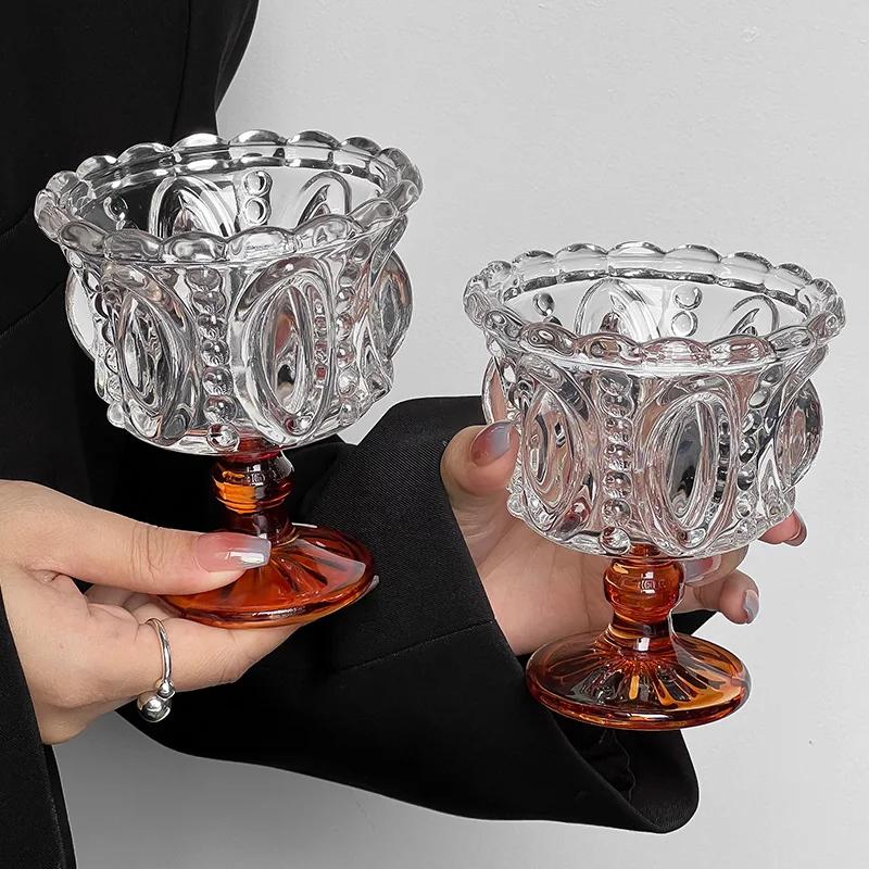  1/2 st retro präglad hög glaskopp whiskymugg ​​svart kristall hem kreativ kaffe glass yoghurt dessertbägare