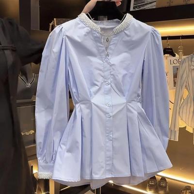 Damen Frühling und Herbst Süße Hemden Design Einfarbig Elegante Oberteile