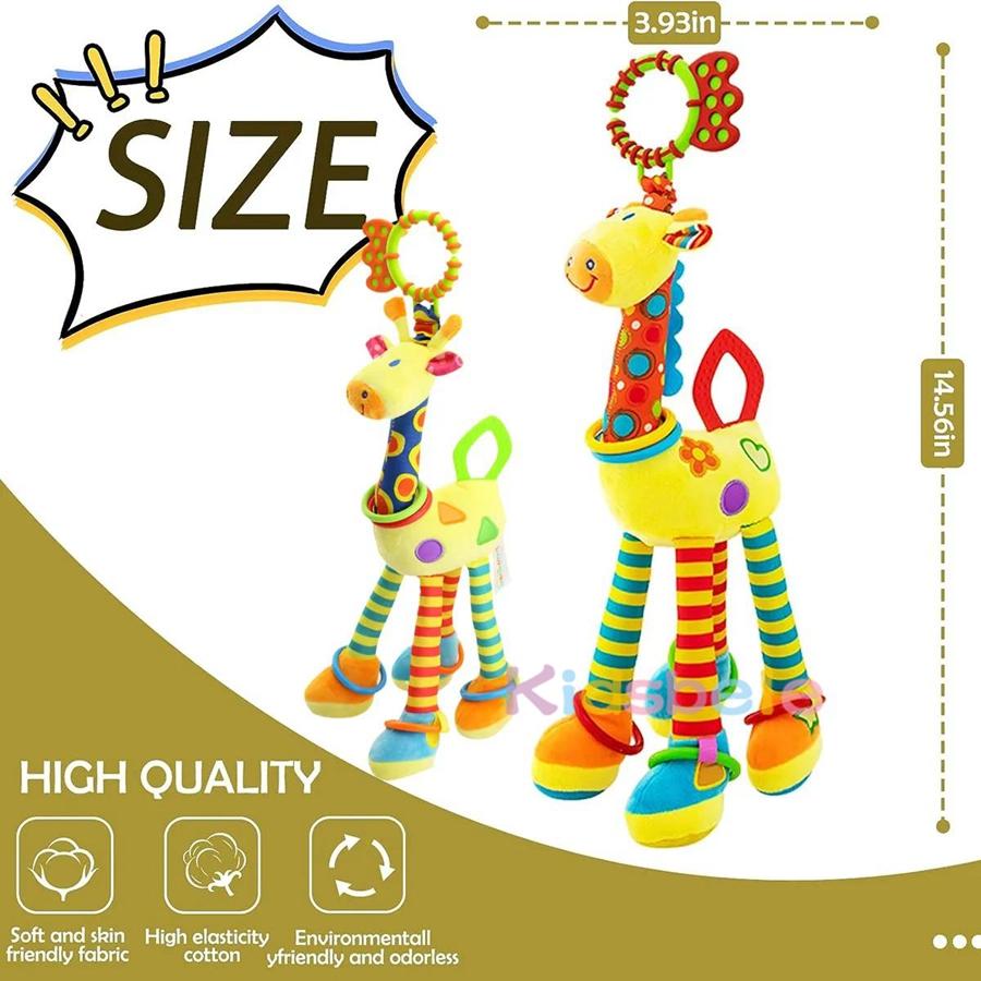 Colorful Giraffe Hanging Plush Toy For Baby Car Seat – Soft Rattle With Rings, Sensory Development Gift