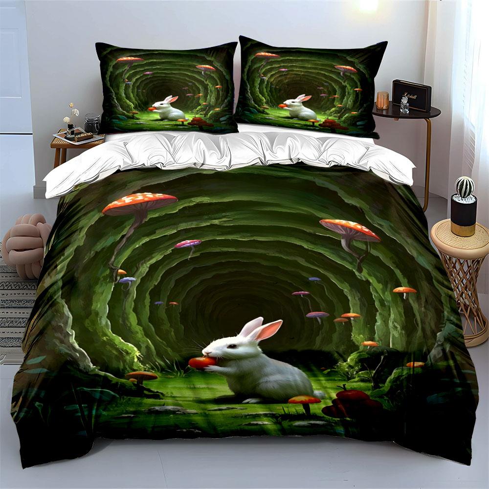 White Rabbit In Enchanted Forest Bedding Duvet Cover Set Duvet Cover Pillowcases (1 * Duvet Cover 2 * Pillowcases, Without Duvet Insert)