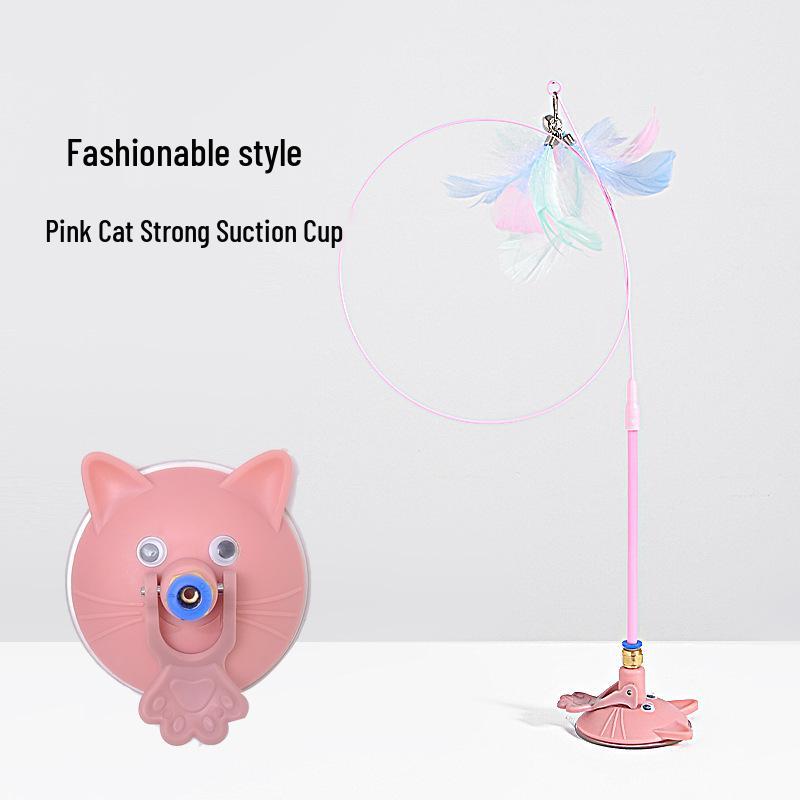 Durable Cat Teaser Wand with Suction Cup, Colorful Feathers, Bell, and Long Steel Wire Rod