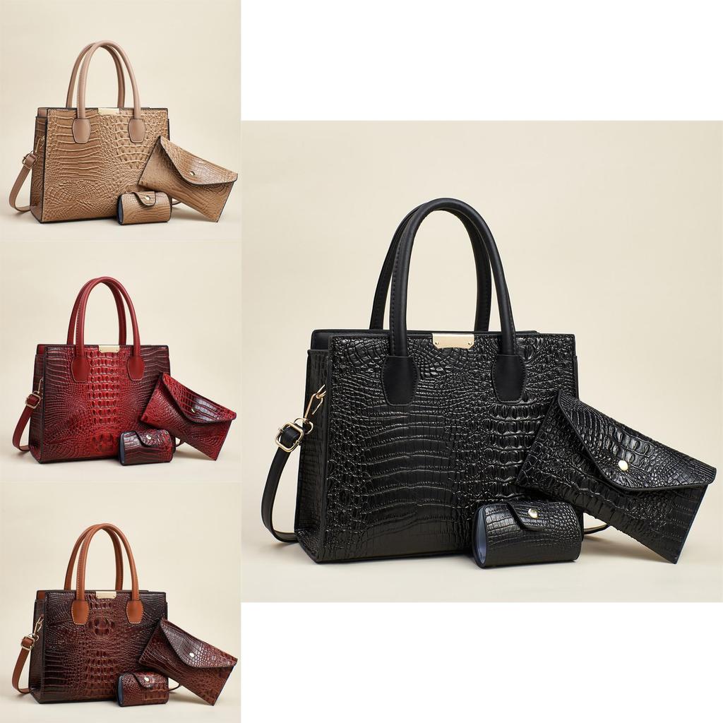 Fashion Solid Color Crocodile Texture Women Casual Shoulder Bag Three Piece Set For Daily Use And Office Commuting
