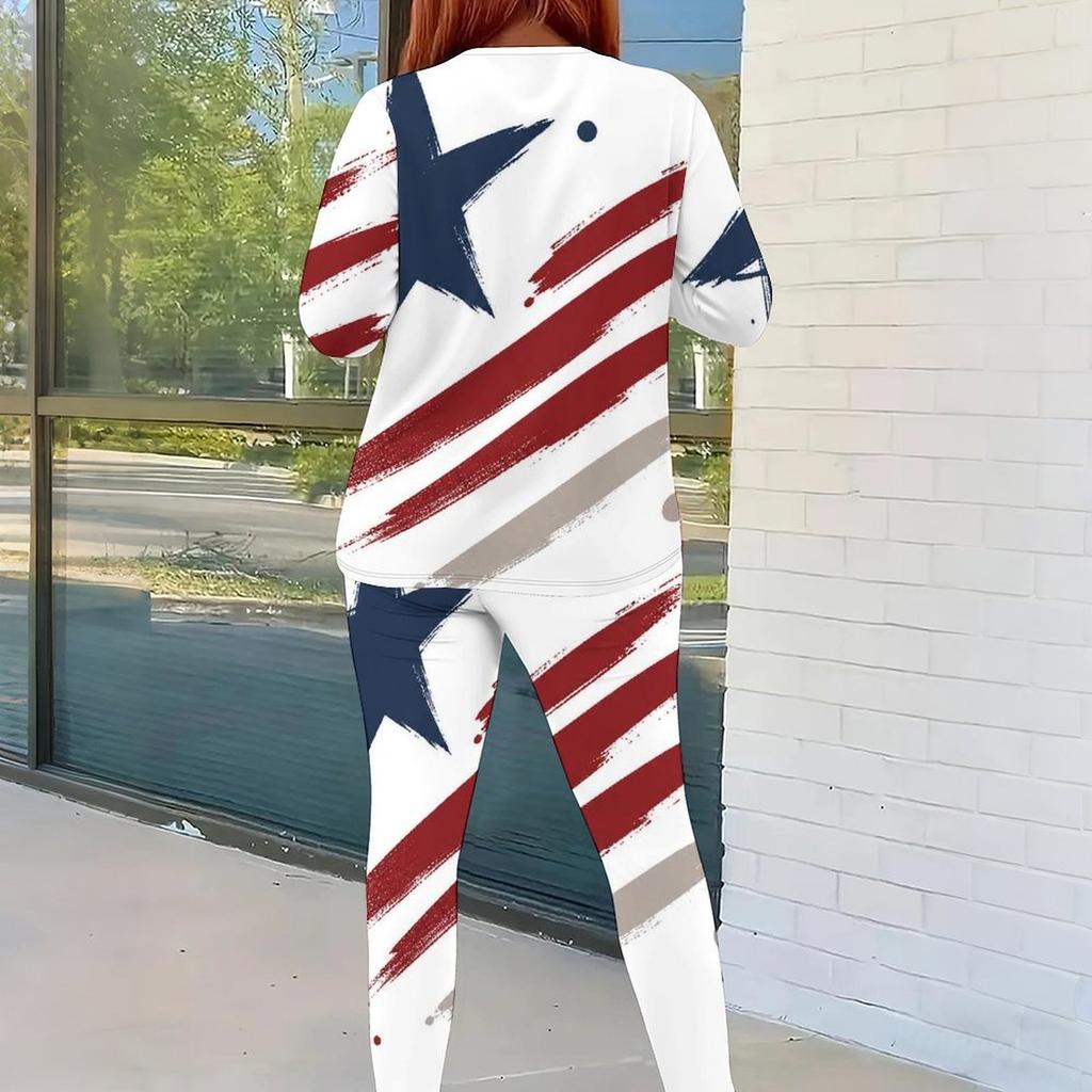 Women Plus Size White Round Neck Long Sleeve Printed Top And Fitted Pants Two Piece Set