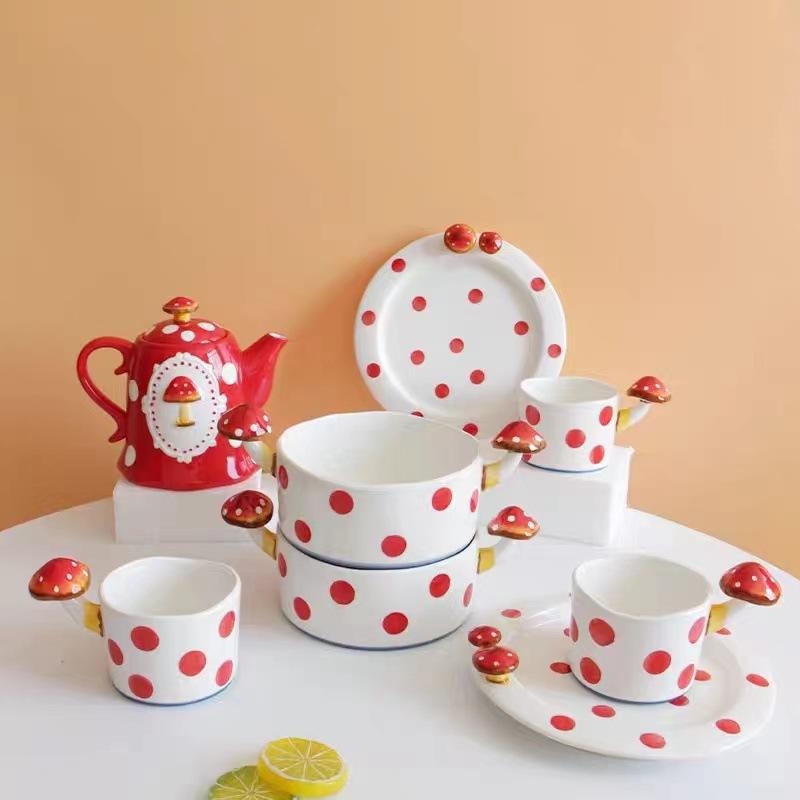 Ceramic Mug Cartoon Mushroom Bowl Three-dimensional Relief Mushroom Plate Salad Bowl Teapot Coffee Cup Mugs Coffee Cups