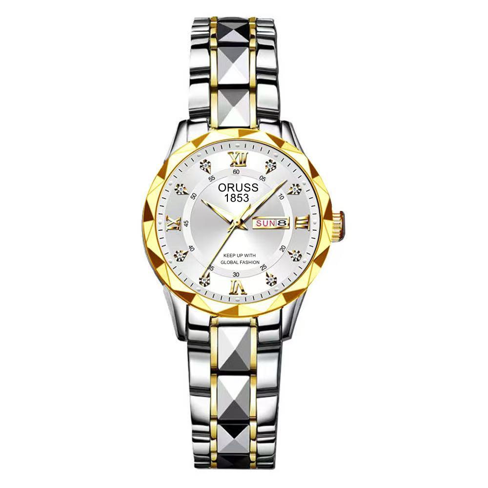Women'S Fashion Rhombus Double Calendar Luminous Waterproof Quartz Watch Solid Belt