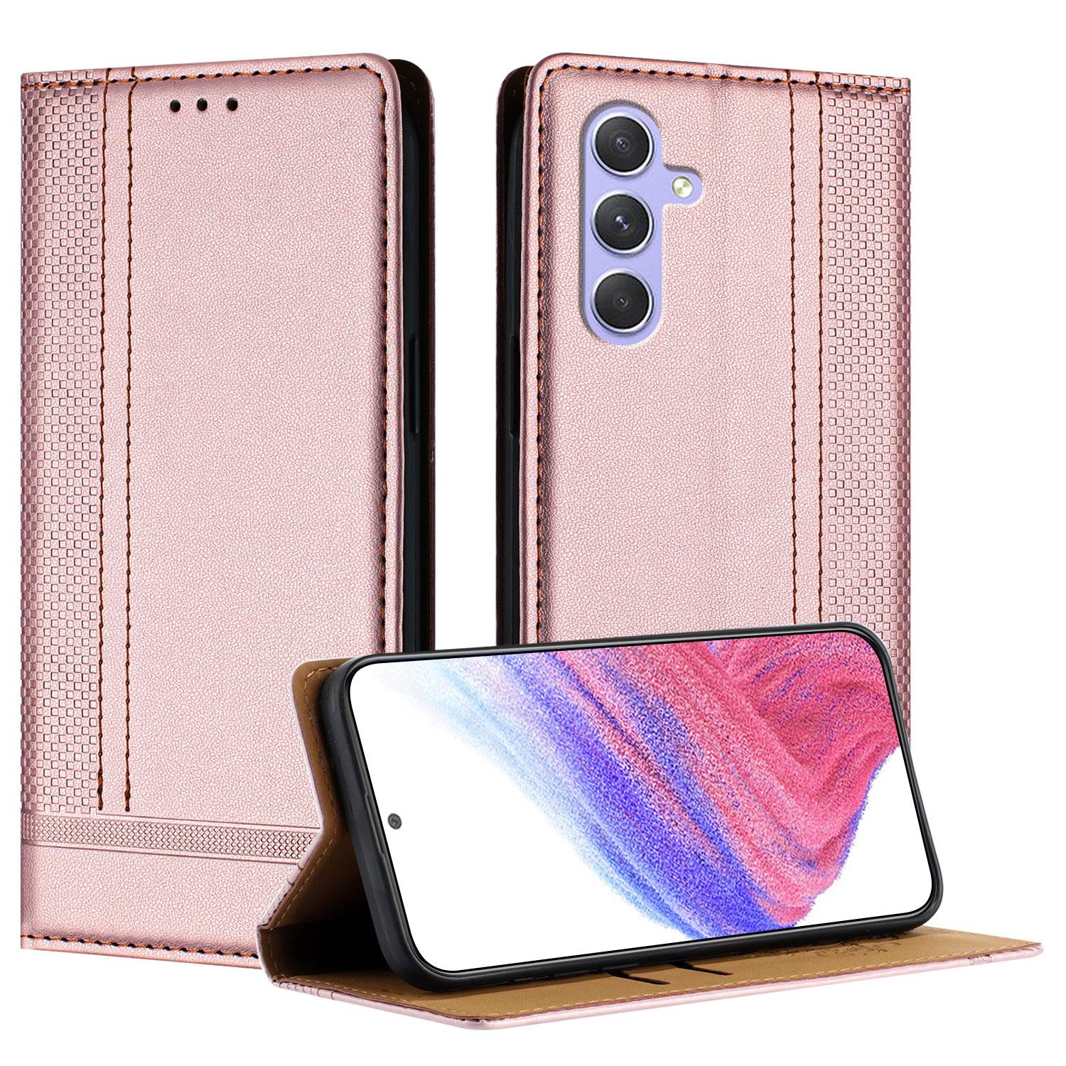 

For Samsung Galaxy A55 5G Case L-Shaped Grid Pattern Leather Stand Phone Cover with Card Slots Rose Gold