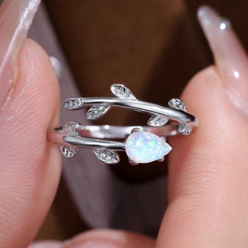 

Элегантное кольцо с белым опалом в форме листа из стерлингового серебра 925 пробы для женщин, регулируемое кольцо с отверстием, роскошные свадебные украшения, подарок серебряный