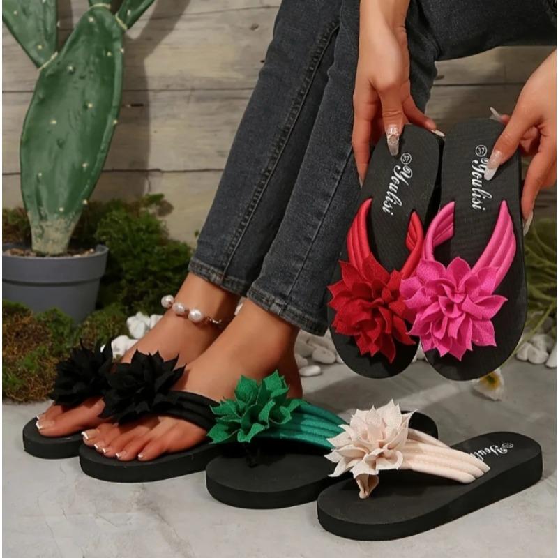 All-Season Floral Embellished Flip-Flops - 1pc Women'S Solid Color Slip-On Vacation Style - Fabric Upper, EVA Sole & Insole, Mid Heel