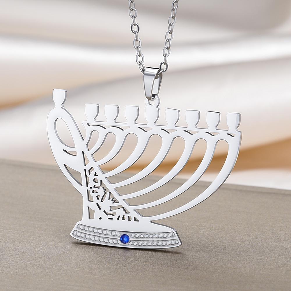Chanukah Menorah Necklace Religious Jerusalem Temple Hanukkah Shammash Pendant Stainless Steel Judaica Jewelry