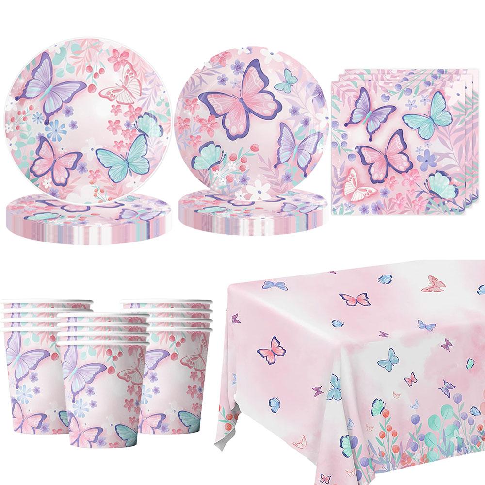 Butterfly Birthday Party Decoration Disposable Party Plates Cup Napkin Tablecloth Butterfly Knìfe Birthday Decoration Baby Showe
