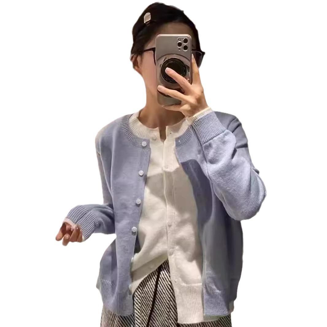 

Корейский круглый вырез в стиле пэчворк с цветными блоками, искусственный двухсекционный вязаный кардиган для женщин, осень и зима, новый универсальный свитер, куртка L синий