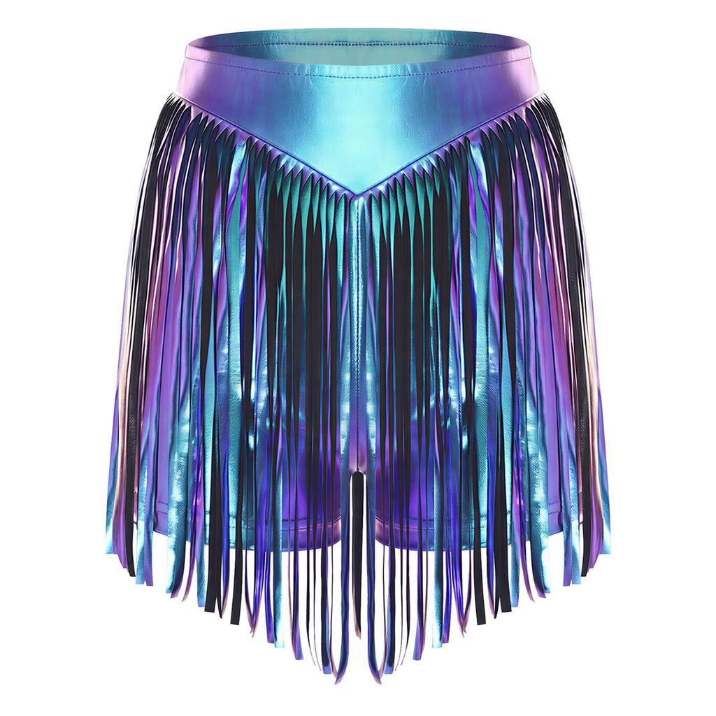 S-XXL Women's Fringed Booty Shorts: High Waist Iridescent Metallic Hot Pants with Tassel for Jazz Rock Dance Performance