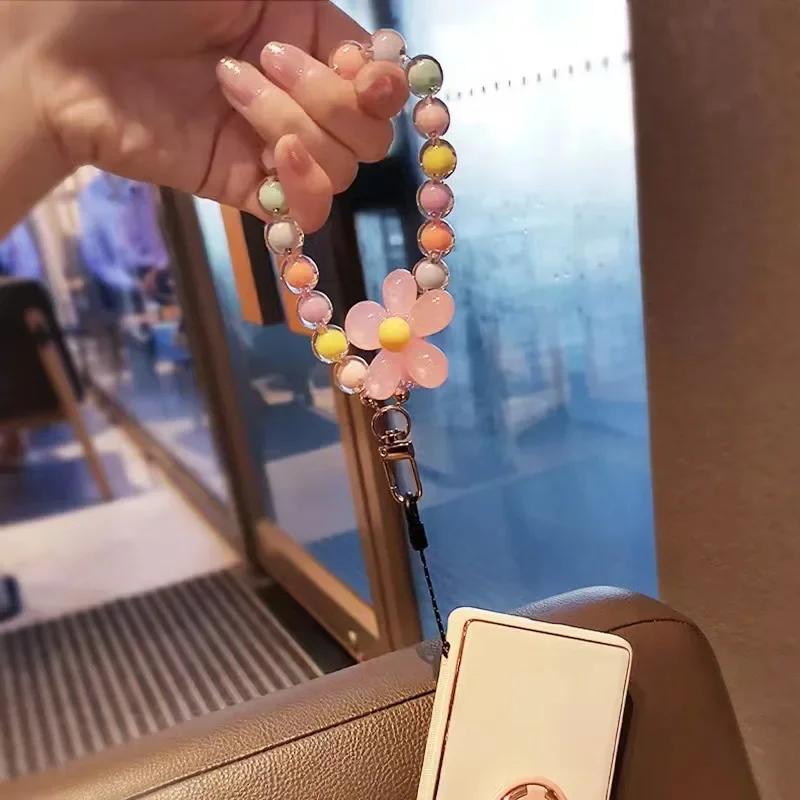 Colorful Beaded Phone Lanyard, Japanese and Korean InS-style Handcrafted Beaded Flower Phone Chain Wrist Strap