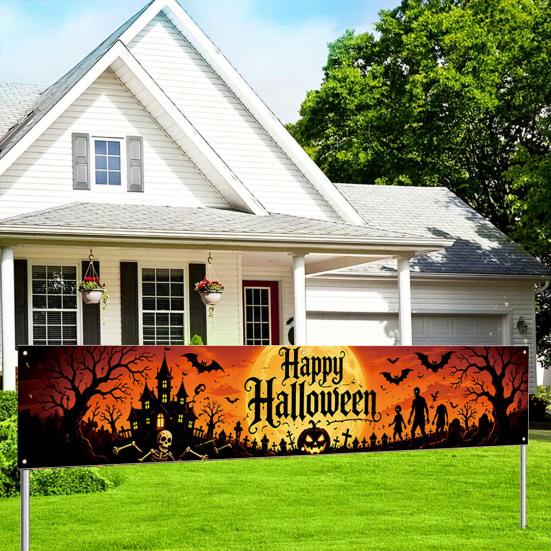 Outdoor Hanging Banners Halloween Fence Banner, 118 x 20 Inch Large Yard Sign Banner Flag, Scary Trick or Treat Party Decor Backdrop Decoration