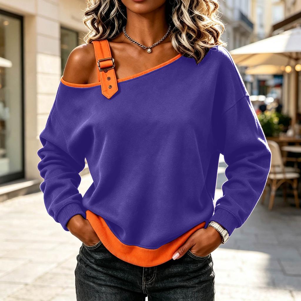 Women's Casual One-Shoulder Top Vintage Color Block Versatile Blouse for Everyday Wear