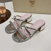 2025 summer new thick heel one-word cool slippers fairy style with skirt sandals wear rhinestone round head cool slippers