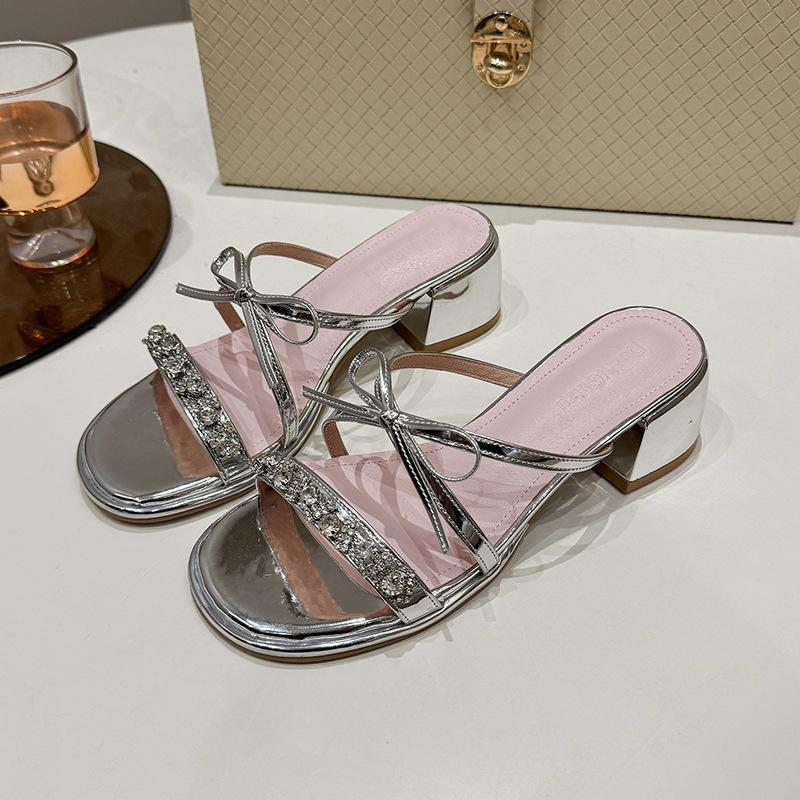 2025 summer new thick heel one-word cool slippers fairy style with skirt sandals wear rhinestone round head cool slippers