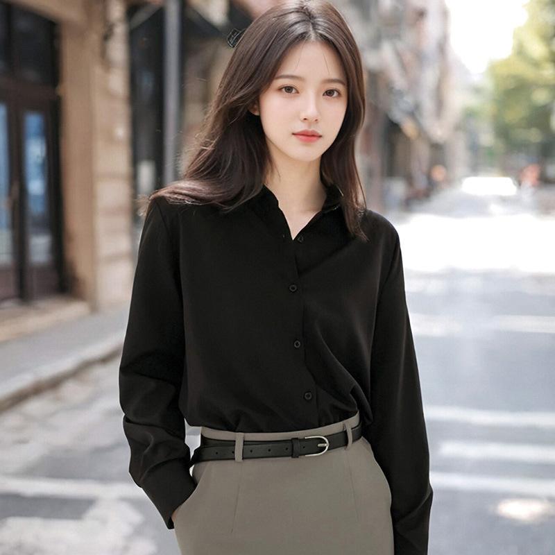 Minimalist Shirt for Women In Spring Autumn, Polo Collar Lazy Style Professional Versatile OL Commuting Solid Color Shirt Blouses & Shirts
