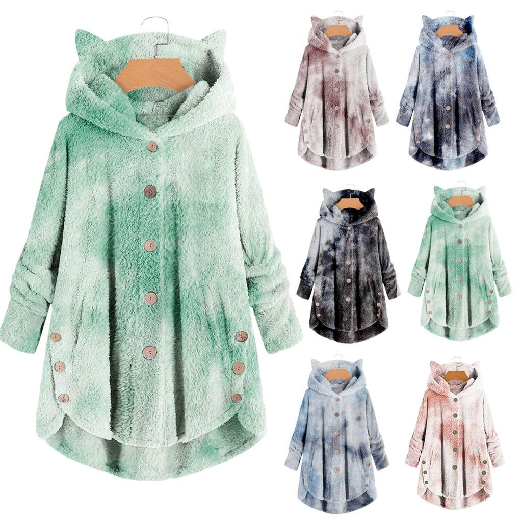 Women Fashion Plush Pocket Winter Tie-dyed Long Sleeve Keep Cat Ears Warm Coat