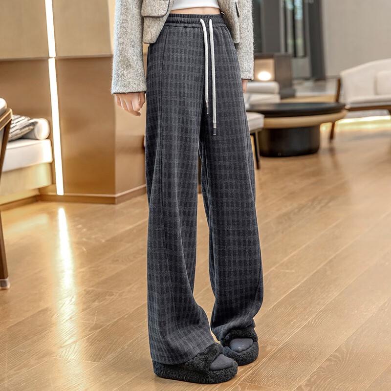 Women's High-Waist Drawstring Plaid Wide-Leg Pants