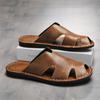 Men Slippers Handmade Simple Flats Brown Leather Sandals Outdoor Summer Roman Sandals Closed Toe Beach Shoes Plus Size